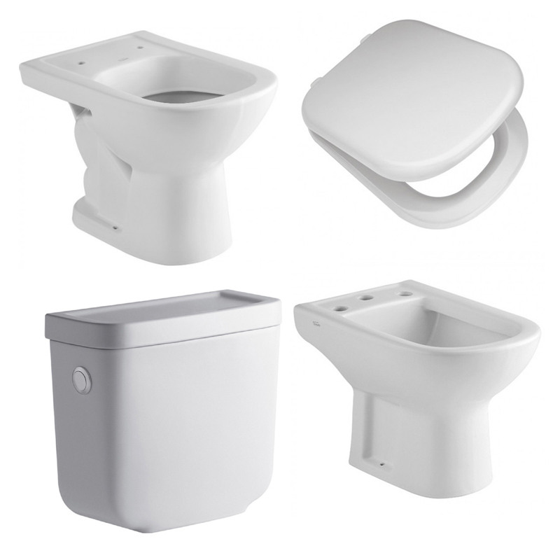 Combo Ferrum Bari - Inodoro corto + Asiento MDF Herr. PVC + Depósito a codo 6lts + Bidet 3 orificios