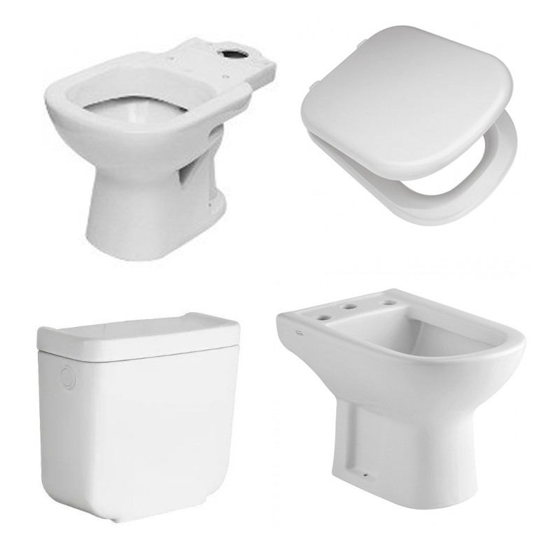 Combo Ferrum Bari - Inodoro largo + Asiento MDF Herr. PVC + Depósito apoyo 6lts Descarga dual + Bidet 3 orificios